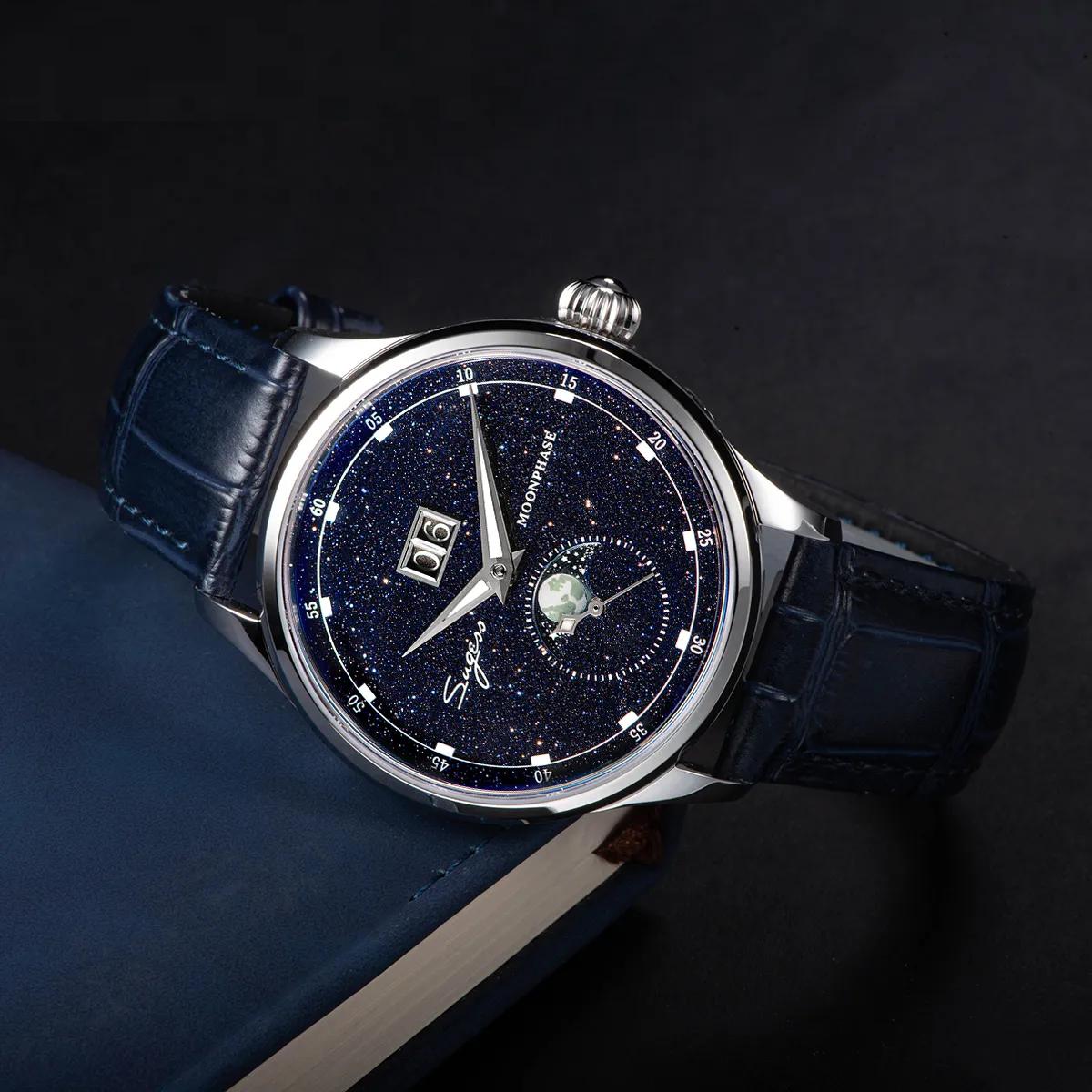 Automatic Mechanical Watch of Men Moonphase 40mm Wristwatches Seagul ST2528 Movement Stainless Steel Blue Sandstone Dial