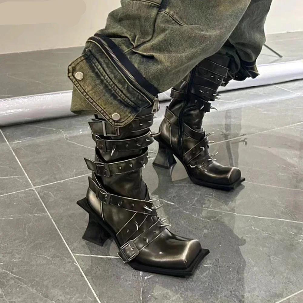 Square Toe Metal Rivet Knight Boots Punk Weird Heel Knee-High Western Boots Fashion Ladies Street Style Sexy Long Boots