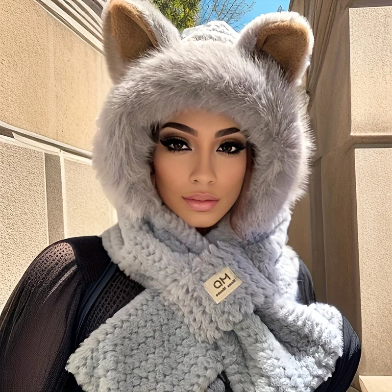 Women’s Cat Ear Hat with Pom-Pom, Soft Fleece Lined Winter Beanie for Christmas Gift, Cute Animal Themed Festival Cap