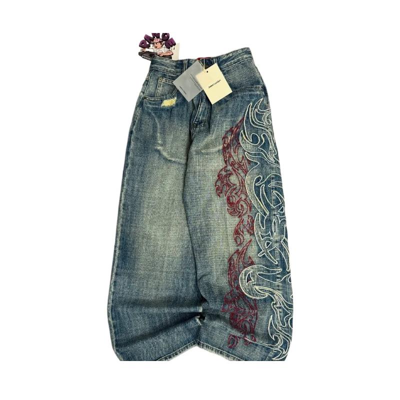 American New Pattern Embroidery Baggy Jeans Men High Street Vintage Hip Hop Fashion Casual Joker Couple Wide-leg Pants