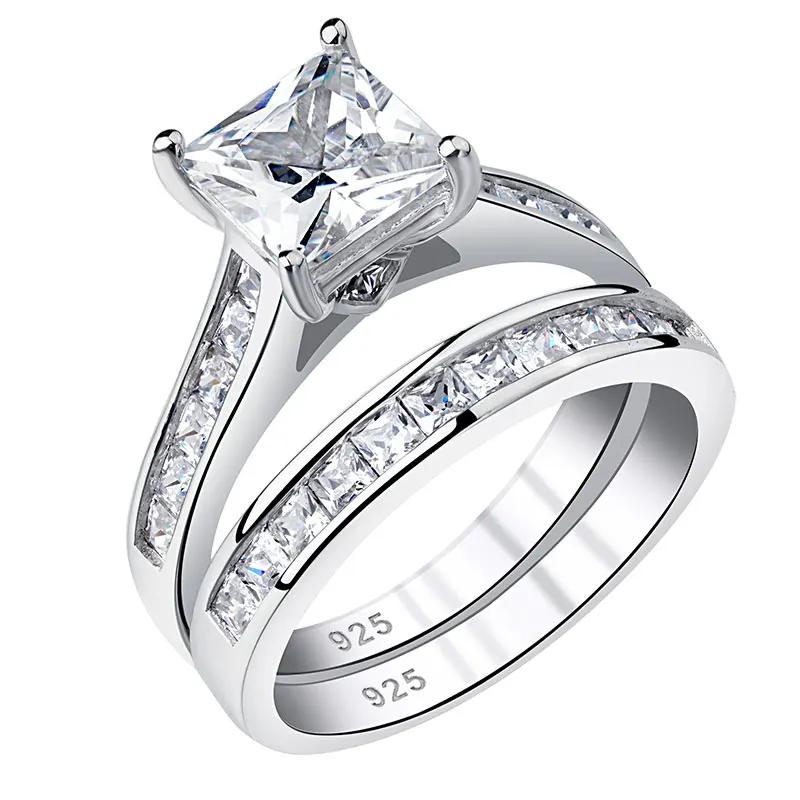 2 Pieces Classic Wedding Rings Set for Women 7*7mm Princess Cut AAAAA Zircon 925 Sterling Silver Engagement Ring Jewelry