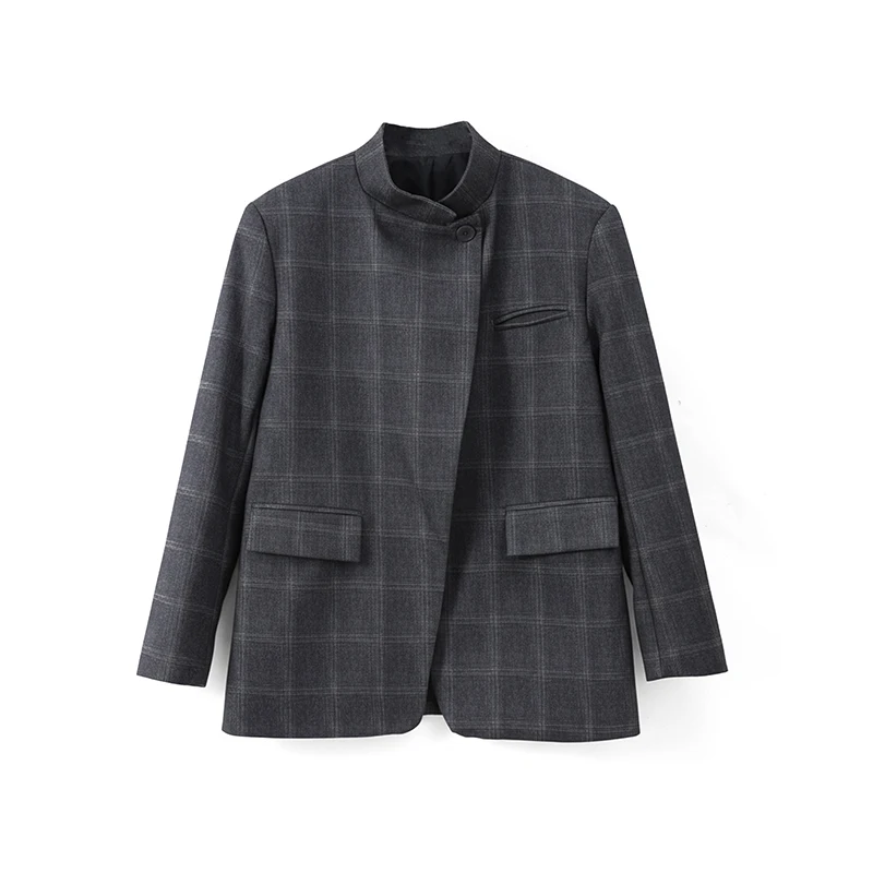 Plaid Print Blazer Jacket Women Fashion Stand Collar Full Sleeve Split Loose Short Coat Spring Female Daily Commute Outerwear
